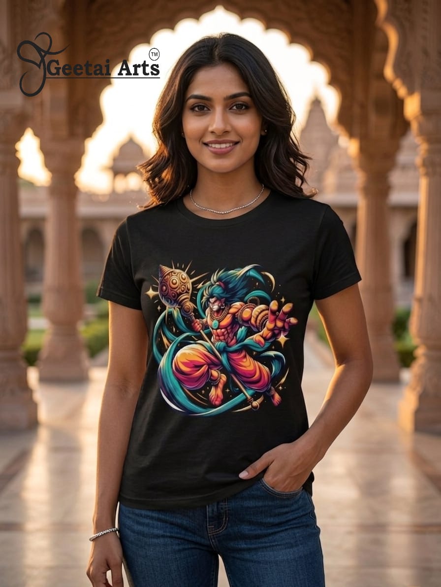 GEETAI ARTS-100% Cotton Regular Fit Graphic T-shirt (Indian Cultural: Hanuman)