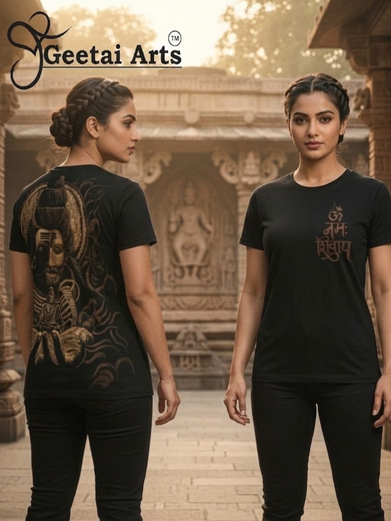 GEETAI ARTS-100% Cotton Regular Fit Hand Painted Bleach Art T-shirt (Shiva 3)