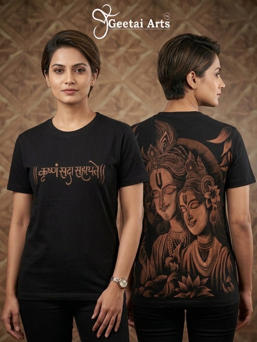 GEETAI ARTS-100% Cotton Regular Fit Hand Painted Bleach Art T-shirt (Radha Krishna 2)