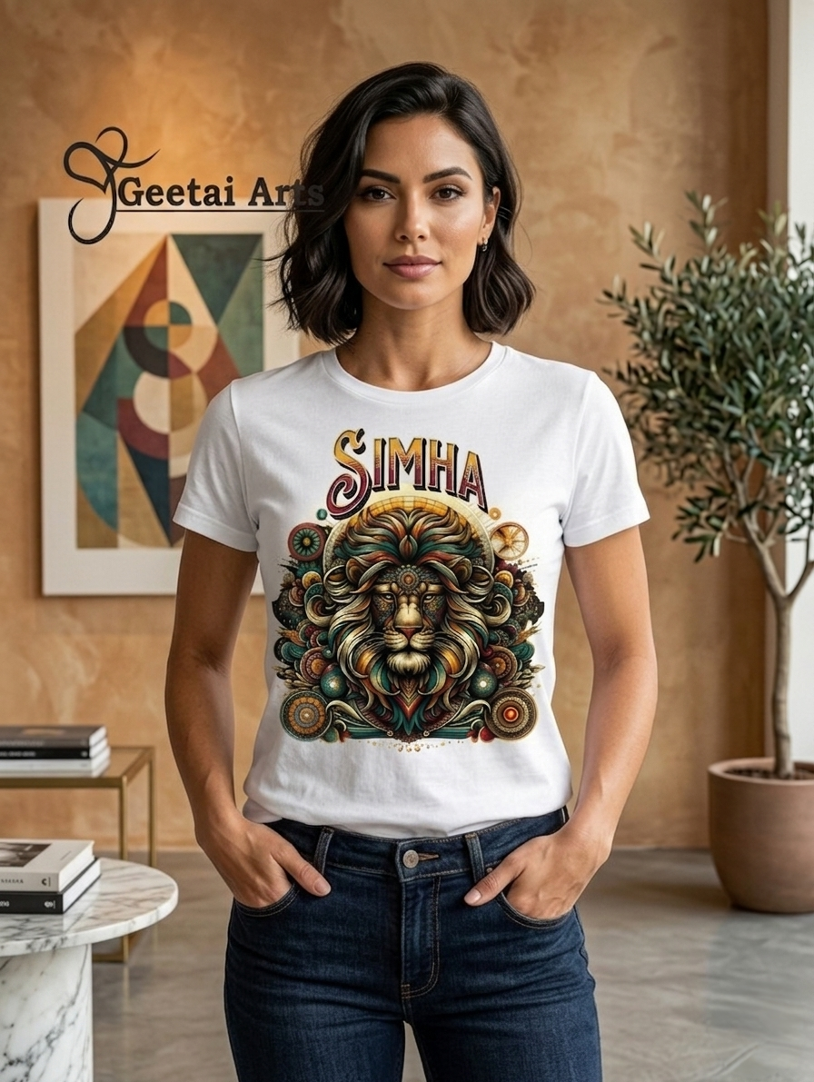 GEETAI ARTS-100% Cotton Regular Fit Graphic T-shirt (Indian Cultural Zodiac: Simha)