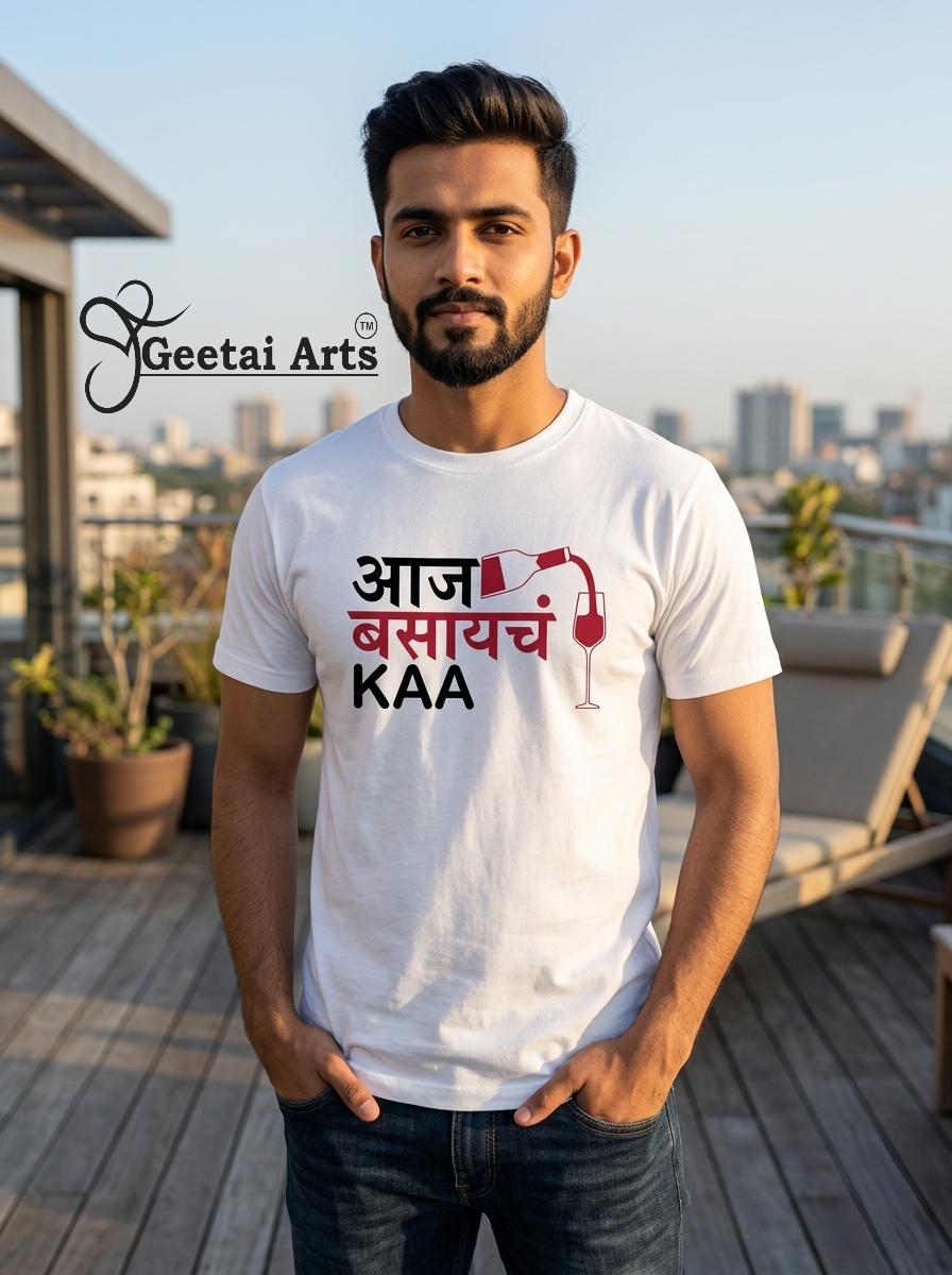GEETAI ARTS-100% Cotton Regular Fit Graphic T-shirt (Typograph: Basaych kaa)