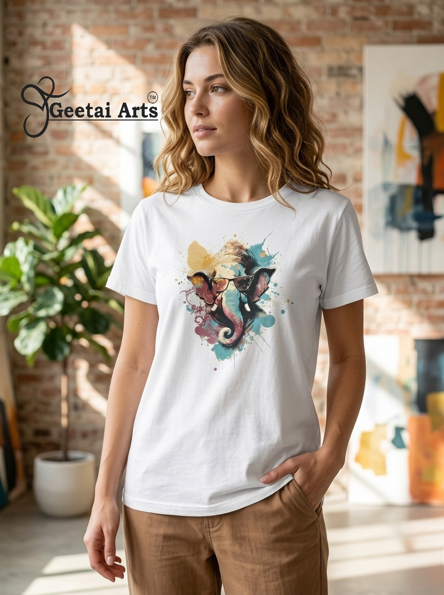 GEETAI ARTS-100% Cotton Regular Fit Graphic T-shirt (Indian Cultural: Ganesha1001)