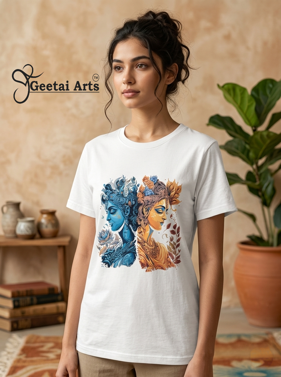 GEETAI ARTS-100% Cotton Regular Fit Graphic T-shirt (Indian Cultural: RadhaKrishna1001)