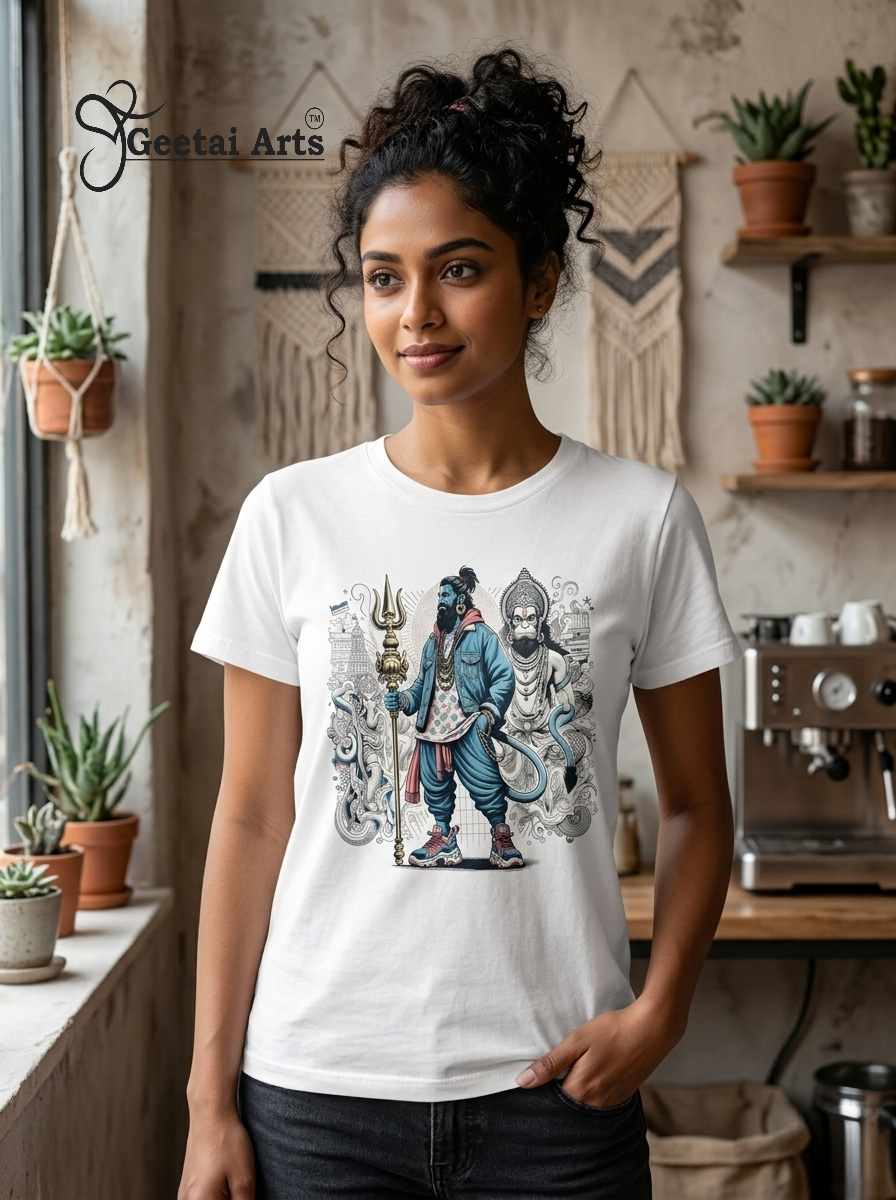 GEETAI ARTS-100% Cotton Regular Fit Graphic T-shirt (Indian Cultural: Hanuman1002)