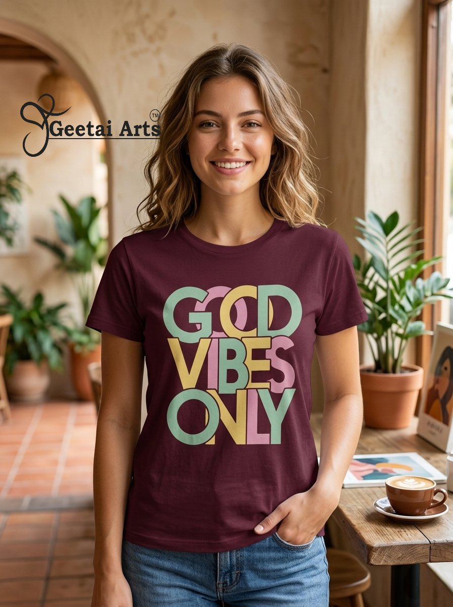 GEETAI ARTS-100% Cotton Regular Fit Graphic T-shirt (Typograph: Goodvibe)