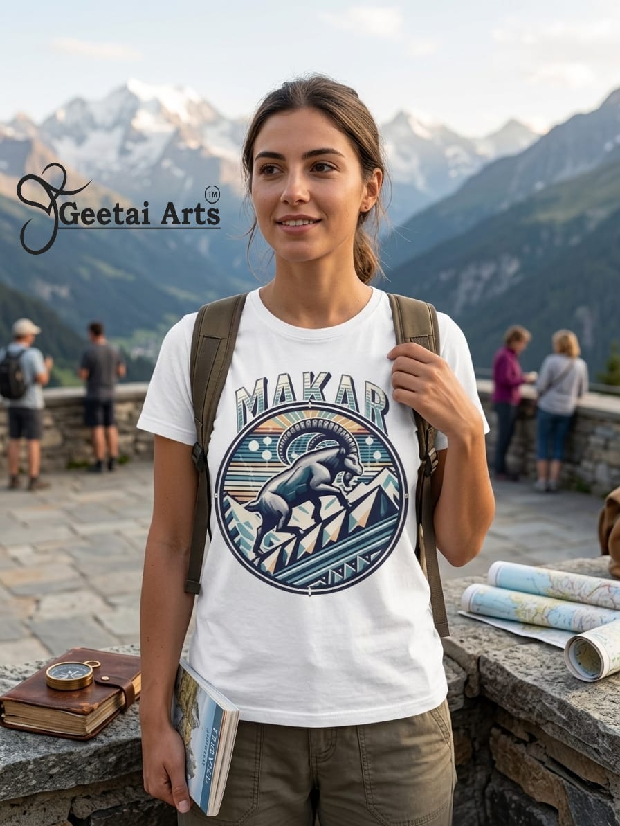 GEETAI ARTS-100% Cotton Regular Fit Graphic T-shirt (Indian Cultural Zodiac: Makar)