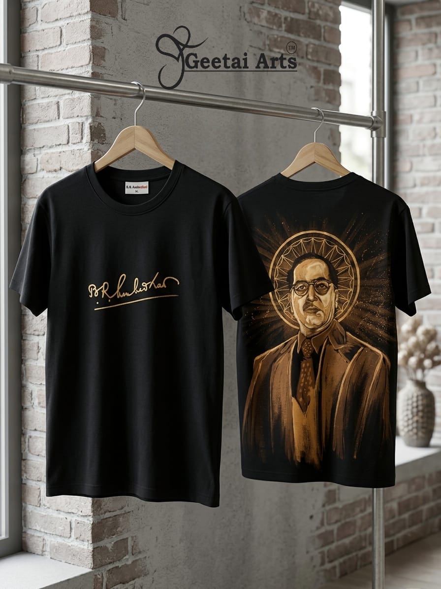 GEETAI ARTS-100% Cotton Regular Fit Hand Painted Bleach Art T-shirt (Dr. Babasaheb Ambedkar)