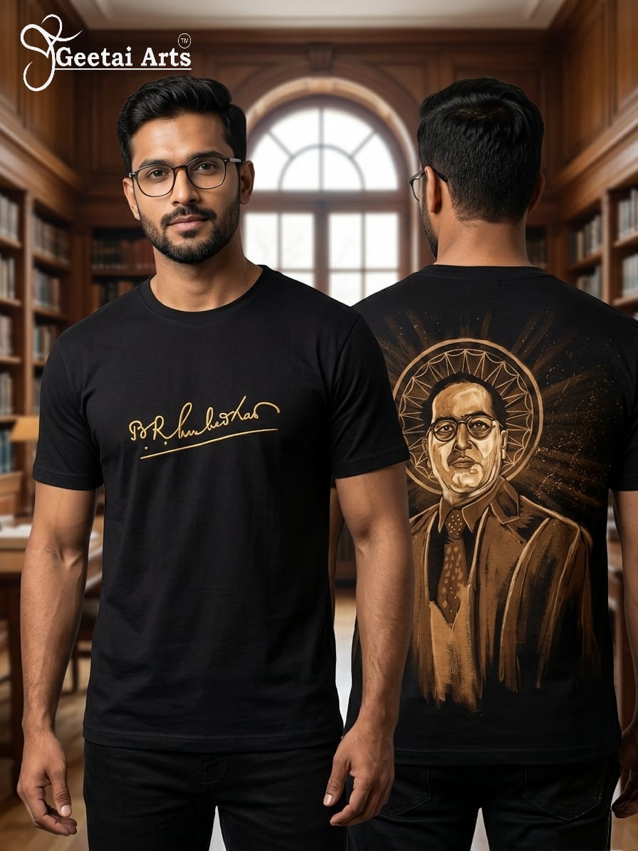 GEETAI ARTS-100% Cotton Regular Fit Hand Painted Bleach Art T-shirt (Dr. Babasaheb Ambedkar)