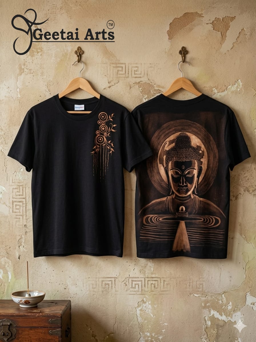 GEETAI ARTS-100% Cotton Regular Fit Hand Painted Bleach Art T-shirt (Buddha 1)