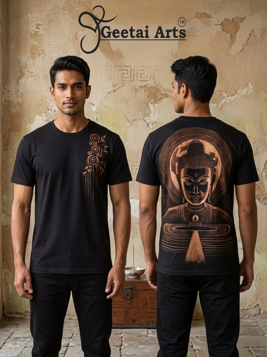 GEETAI ARTS-100% Cotton Regular Fit Hand Painted Bleach Art T-shirt (Buddha 1)