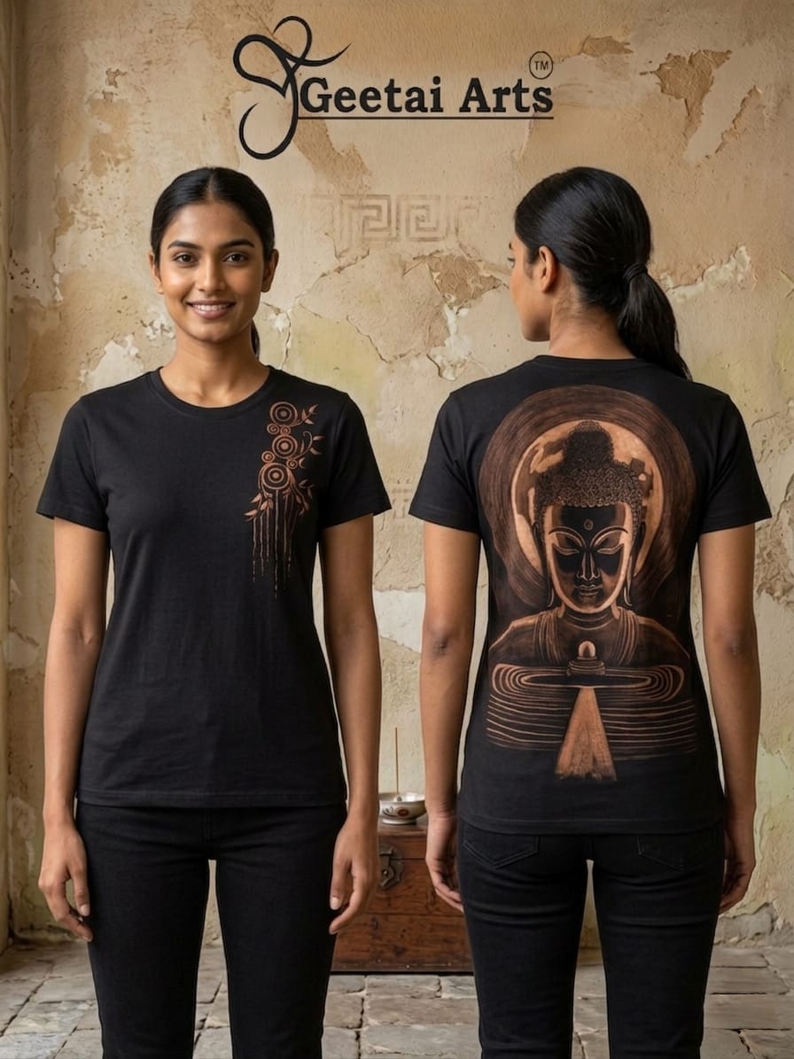 GEETAI ARTS-100% Cotton Regular Fit Hand Painted Bleach Art T-shirt (Buddha 1)