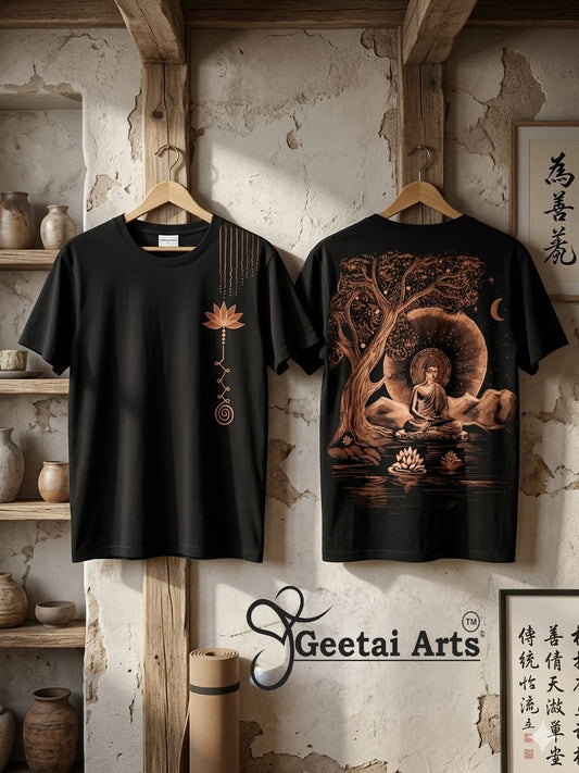 GEETAI ARTS-100% Cotton Regular Fit Hand Painted Bleach Art T-shirt (Buddha 2)