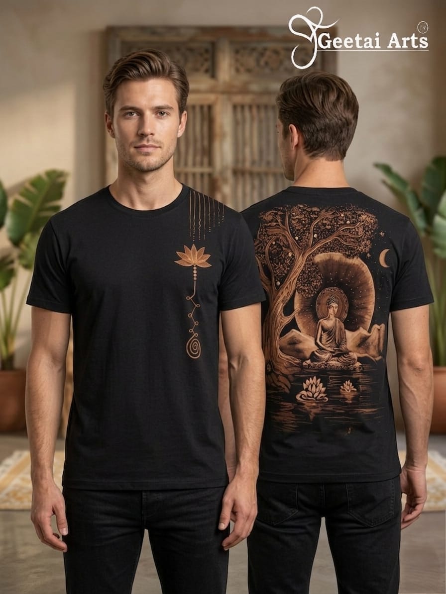 GEETAI ARTS-100% Cotton Regular Fit Hand Painted Bleach Art T-shirt (Buddha 2)
