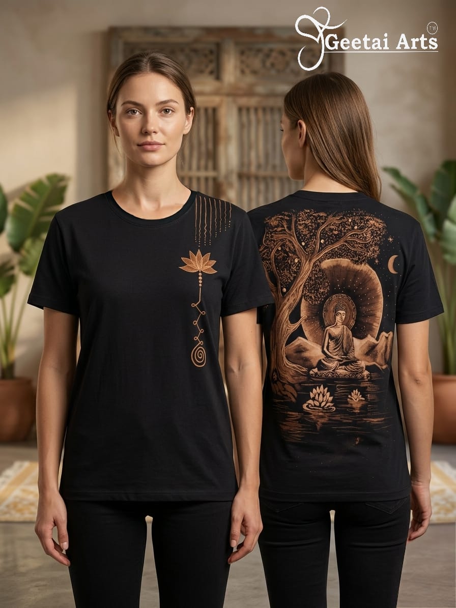 GEETAI ARTS-100% Cotton Regular Fit Hand Painted Bleach Art T-shirt (Buddha 2)