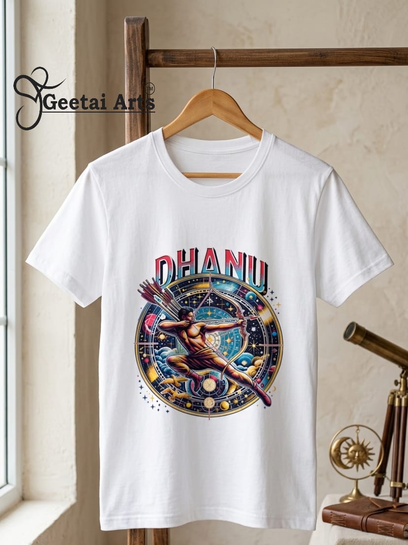 GEETAI ARTS-100% Cotton Regular Fit Graphic T-shirt (Indian Cultural Zodiac: Dhanu)