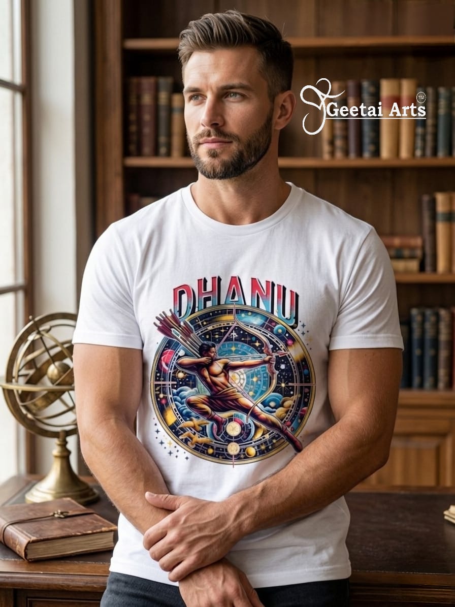 GEETAI ARTS-100% Cotton Regular Fit Graphic T-shirt (Indian Cultural Zodiac: Dhanu)
