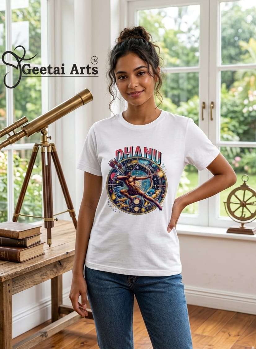 GEETAI ARTS-100% Cotton Regular Fit Graphic T-shirt (Indian Cultural Zodiac: Dhanu)