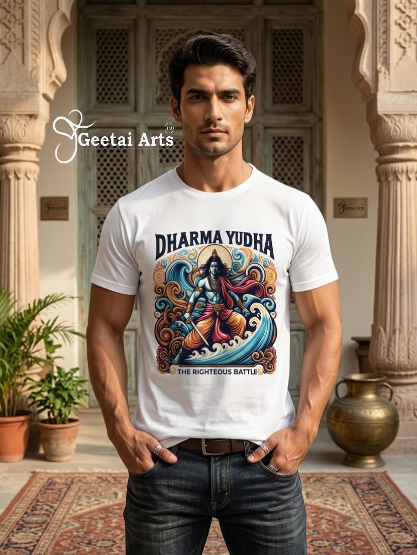 GEETAI ARTS-100% Cotton Regular Fit Graphic T-shirt (Indian Cultural: DharmaYudh)