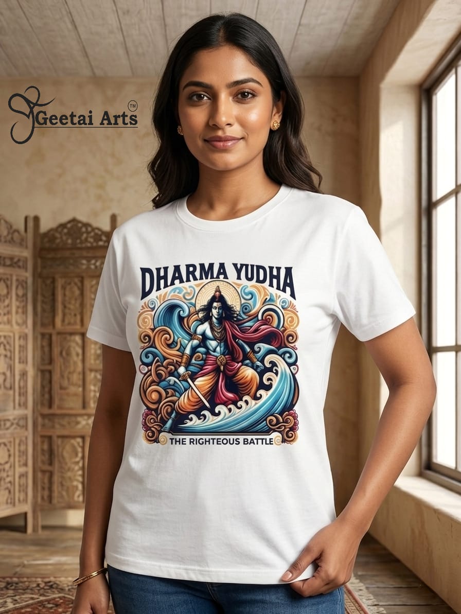 GEETAI ARTS-100% Cotton Regular Fit Graphic T-shirt (Indian Cultural: DharmaYudh)