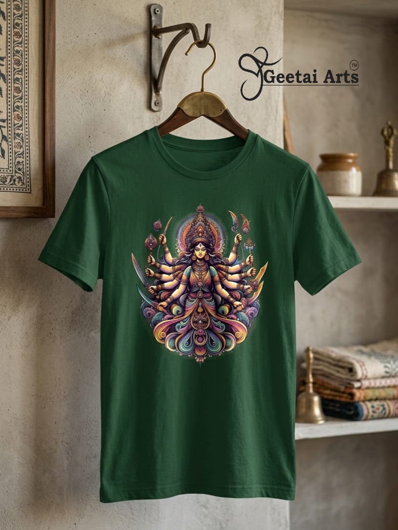 GEETAI ARTS-100% Cotton Regular Fit Graphic T-shirt (Indian Cultural: Durga)