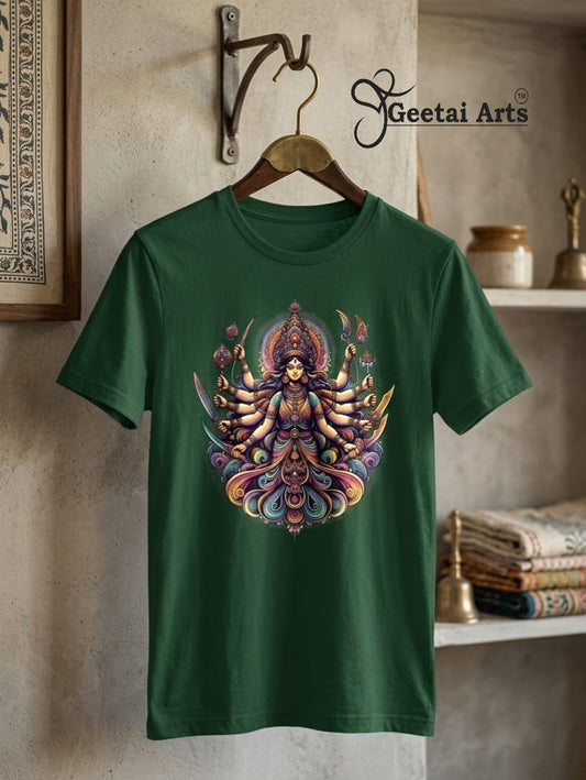 GEETAI ARTS-100% Cotton Regular Fit Graphic T-shirt (Indian Cultural: Durga)