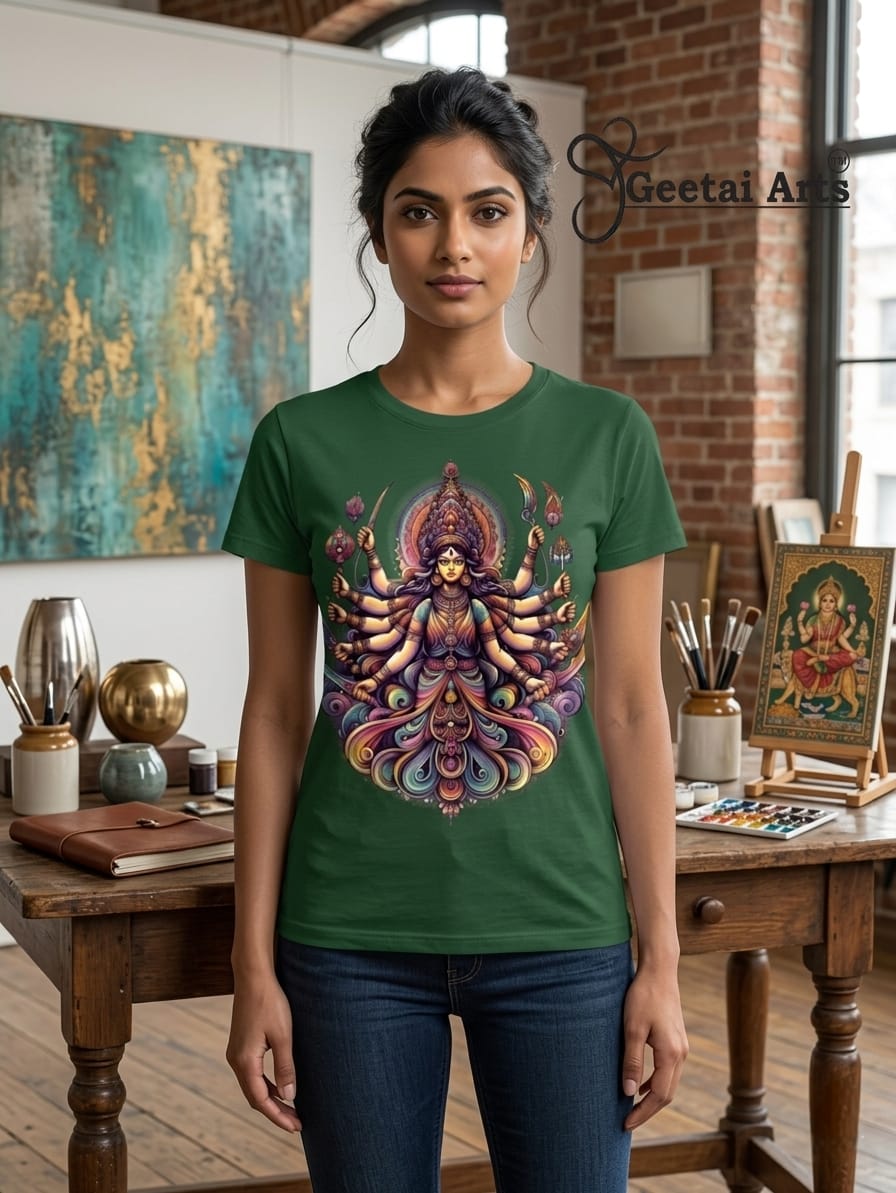 GEETAI ARTS-100% Cotton Regular Fit Graphic T-shirt (Indian Cultural: Durga)