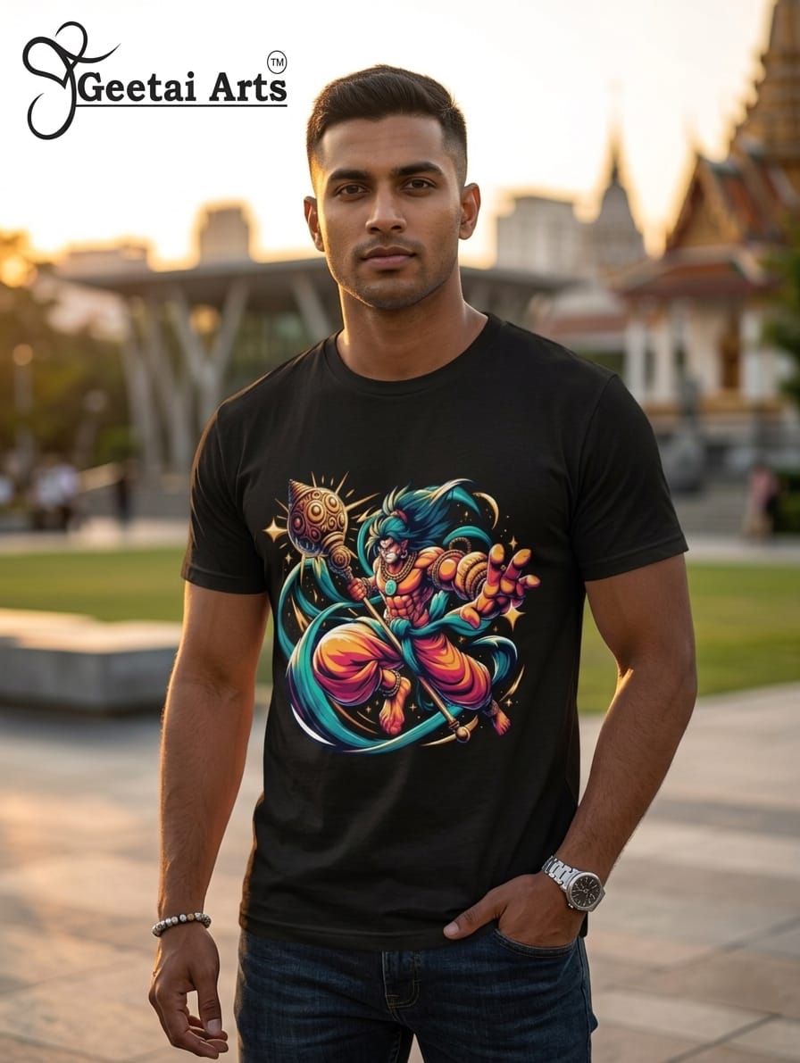GEETAI ARTS-100% Cotton Regular Fit Graphic T-shirt (Indian Cultural: Hanuman)
