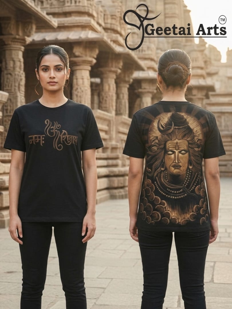 GEETAI ARTS-100% Cotton Regular Fit Hand Painted Bleach Art T-shirt (Shiva 2)