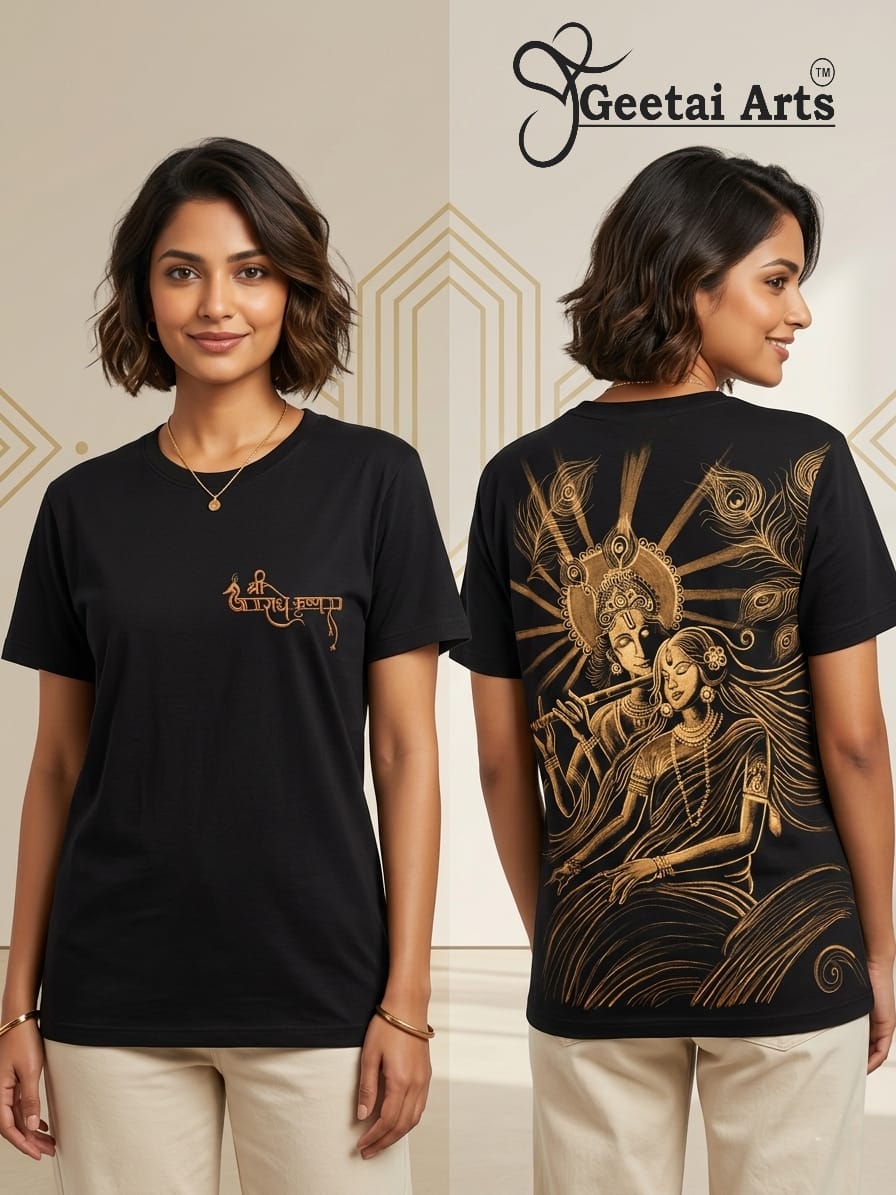 GEETAI ARTS-100% Cotton Regular Fit Hand Painted Bleach Art T-shirt (Radha Krishna 1)