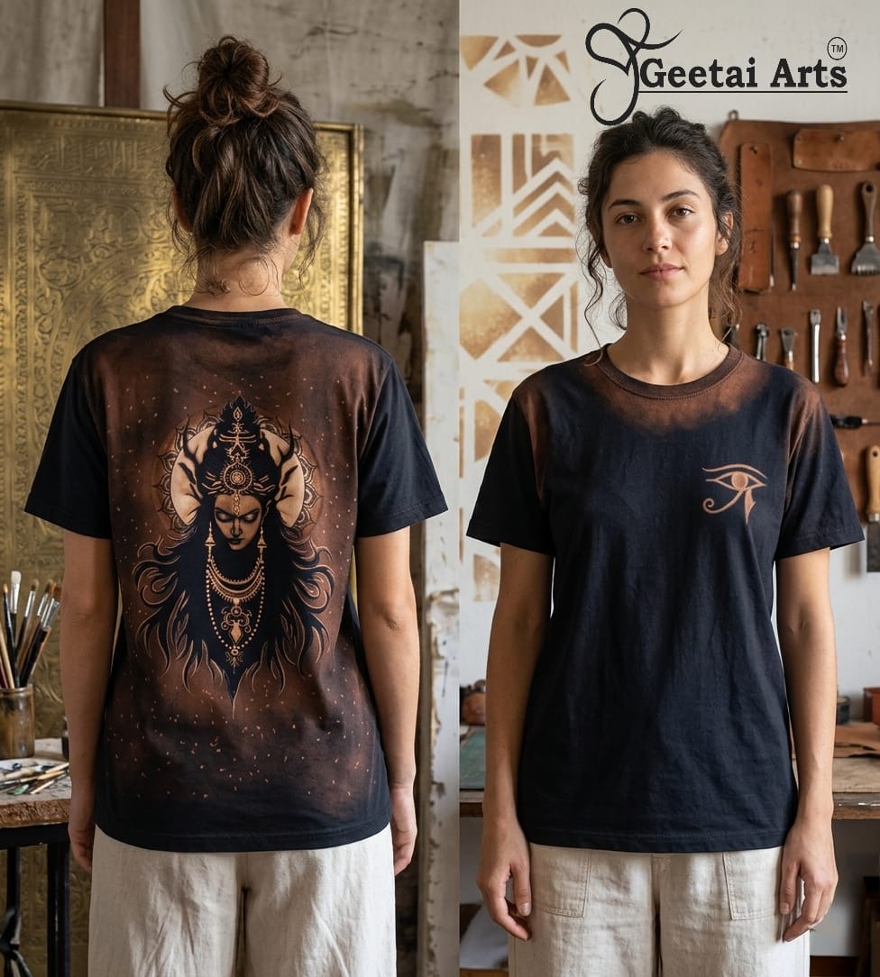 GEETAI ARTS-100% Cotton Regular Fit Hand Painted Bleach Art T-shirt (Kali 1)
