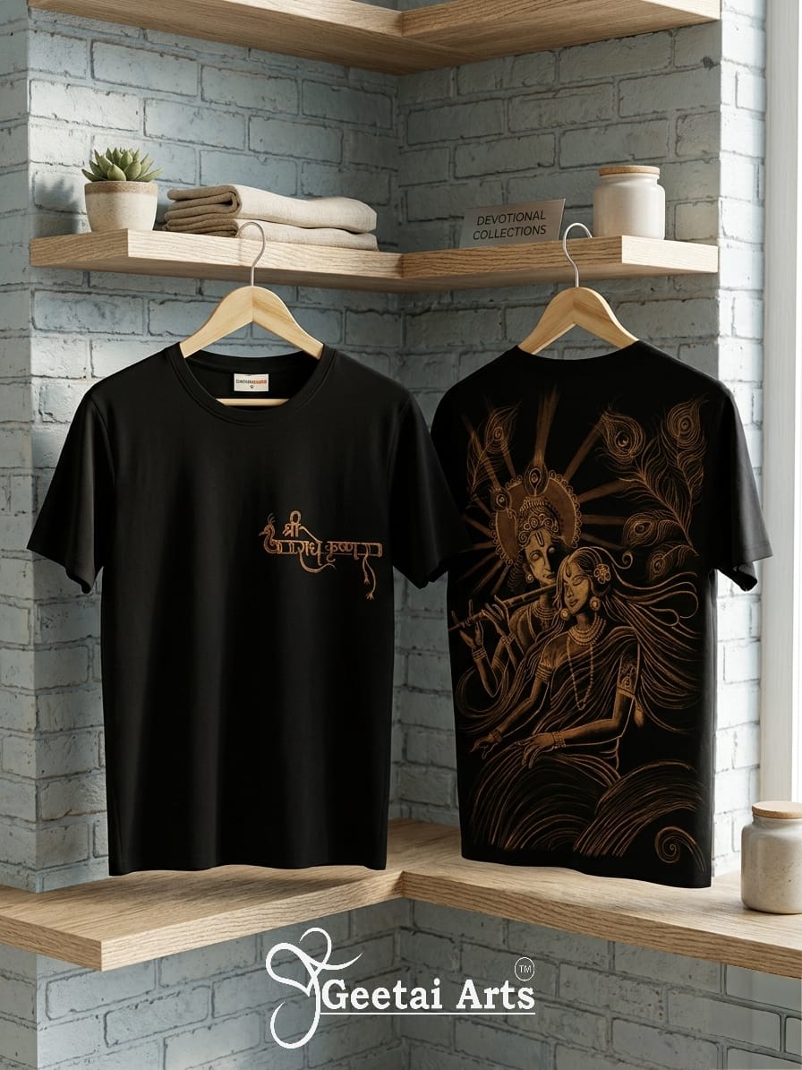 GEETAI ARTS-100% Cotton Regular Fit Hand Painted Bleach Art T-shirt (Radha Krishna 1)
