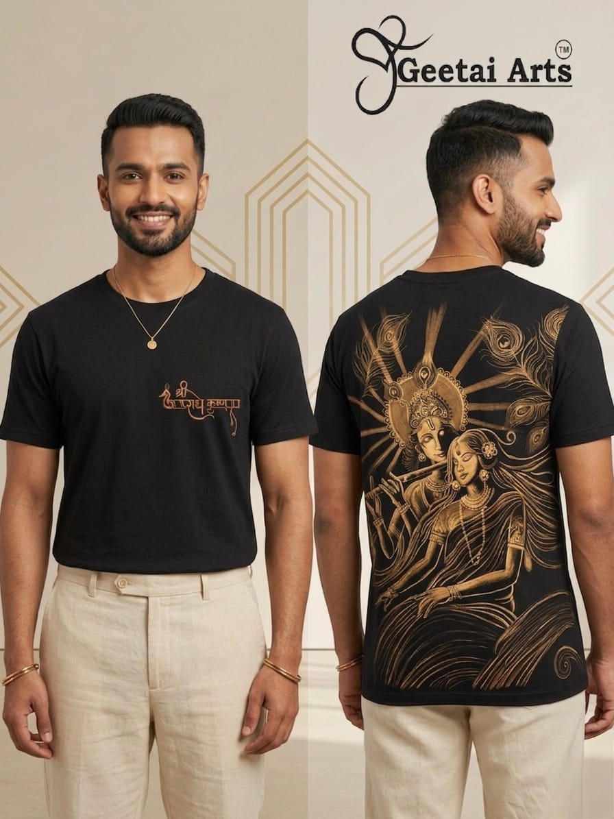 GEETAI ARTS-100% Cotton Regular Fit Hand Painted Bleach Art T-shirt (Radha Krishna 1)