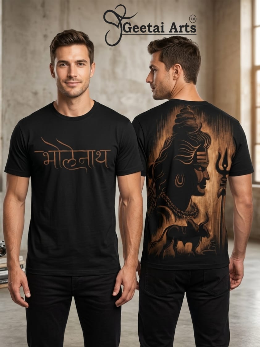 GEETAI ARTS-100% Cotton Regular Fit Hand Painted Bleach Art T-shirt (Bholenath)