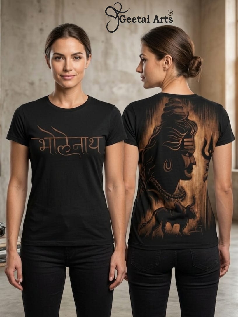GEETAI ARTS-100% Cotton Regular Fit Hand Painted Bleach Art T-shirt (Bholenath)