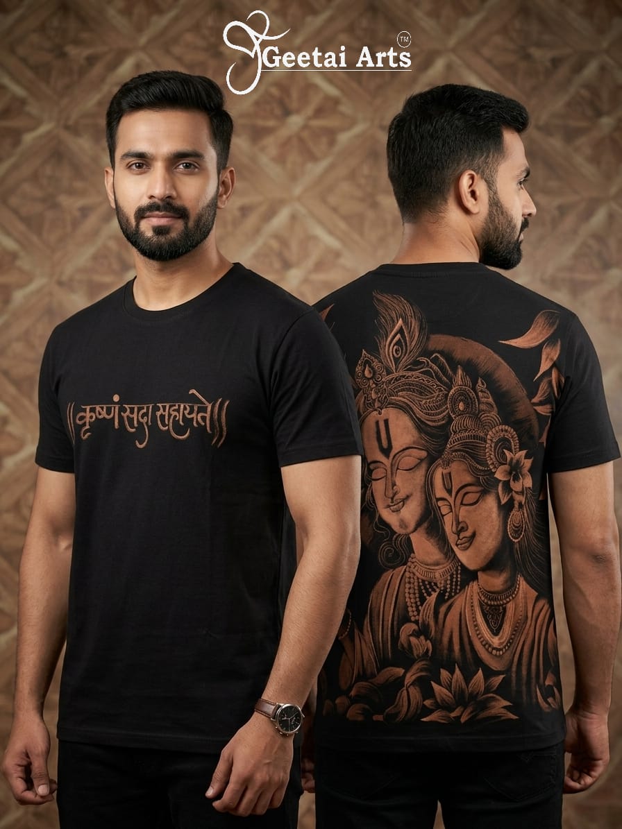 GEETAI ARTS-100% Cotton Regular Fit Hand Painted Bleach Art T-shirt (Radha Krishna 2)