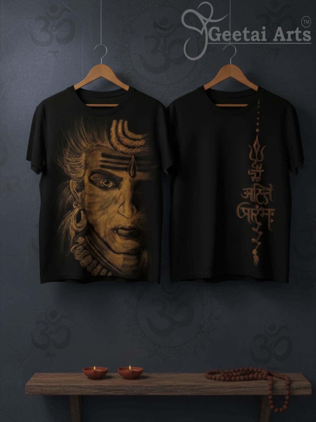 GEETAI ARTS-100% Cotton Regular Fit Hand Painted Bleach Art T-shirt (Shiva 1)