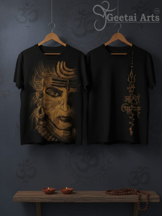 GEETAI ARTS-100% Cotton Regular Fit Hand Painted Bleach Art T-shirt (Shiva 1)