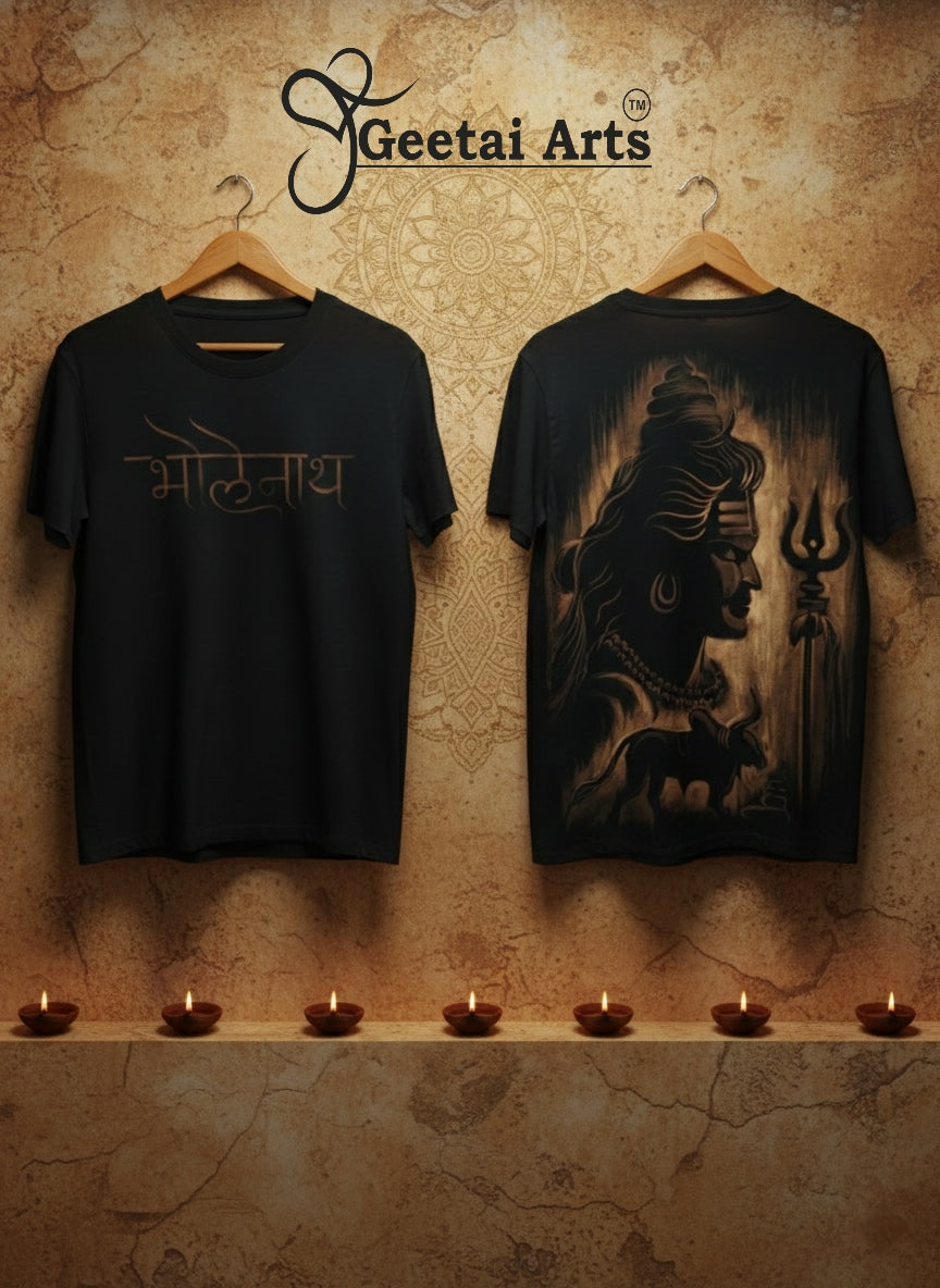 GEETAI ARTS-100% Cotton Regular Fit Hand Painted Bleach Art T-shirt (Bholenath)