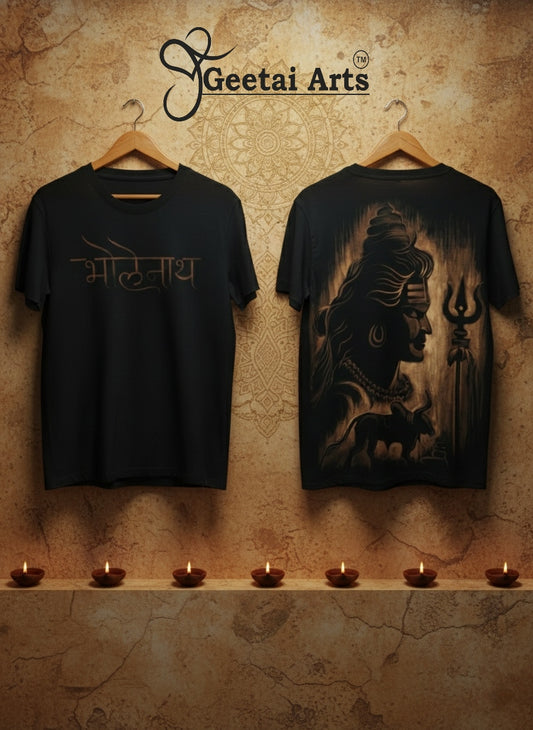 GEETAI ARTS-100% Cotton Regular Fit Hand Painted Bleach Art T-shirt (Bholenath)
