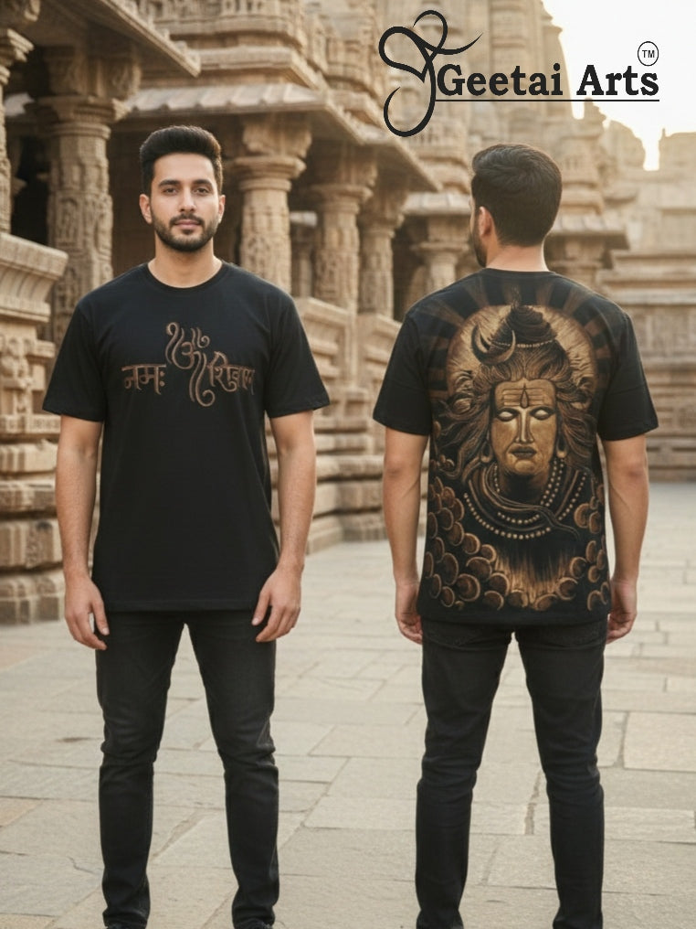 GEETAI ARTS-100% Cotton Regular Fit Hand Painted Bleach Art T-shirt (Shiva 2)