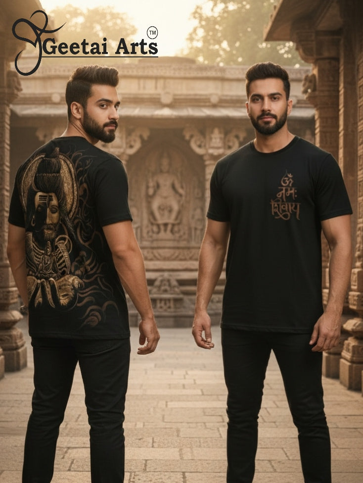 GEETAI ARTS-100% Cotton Regular Fit Hand Painted Bleach Art T-shirt (Shiva 3)
