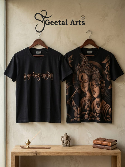 GEETAI ARTS-100% Cotton Regular Fit Hand Painted Bleach Art T-shirt (Radha Krishna 2)