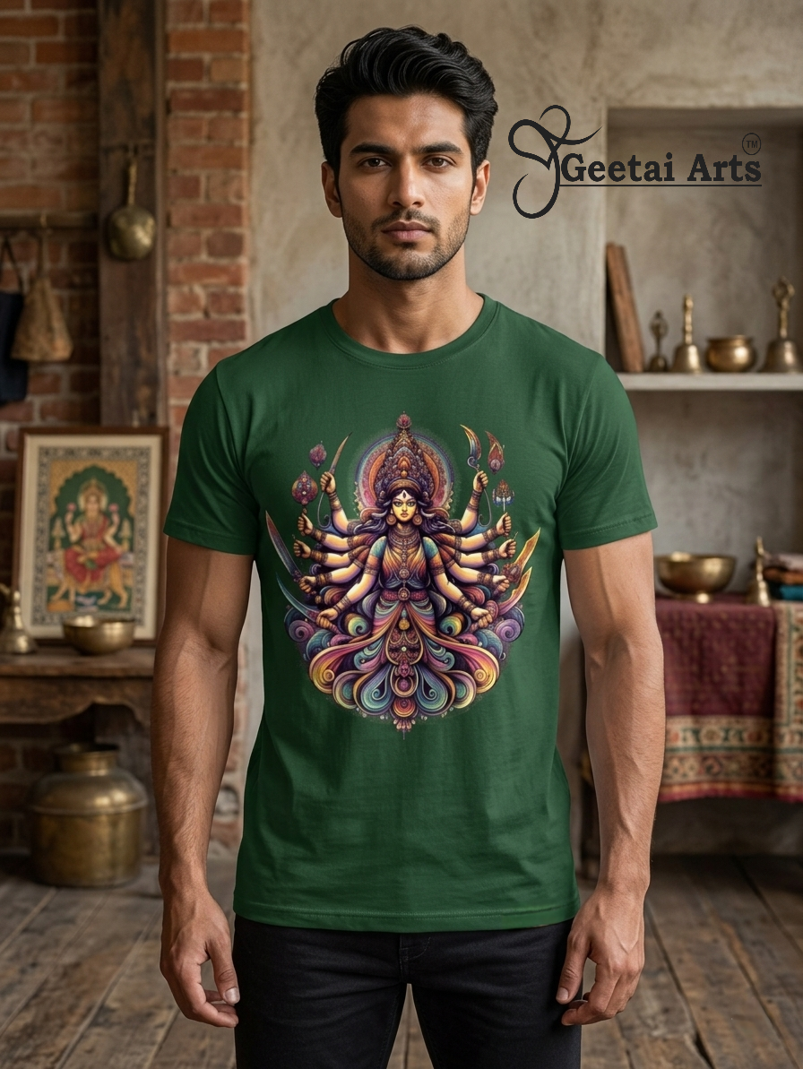 GEETAI ARTS-100% Cotton Regular Fit Graphic T-shirt (Indian Cultural: Durga)