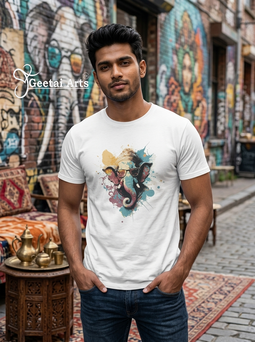 GEETAI ARTS-100% Cotton Regular Fit Graphic T-shirt (Indian Cultural: Ganesha1001)