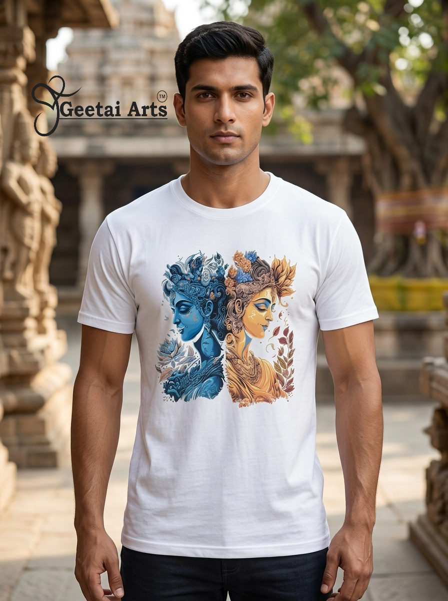 GEETAI ARTS-100% Cotton Regular Fit Graphic T-shirt (Indian Cultural: RadhaKrishna1001)