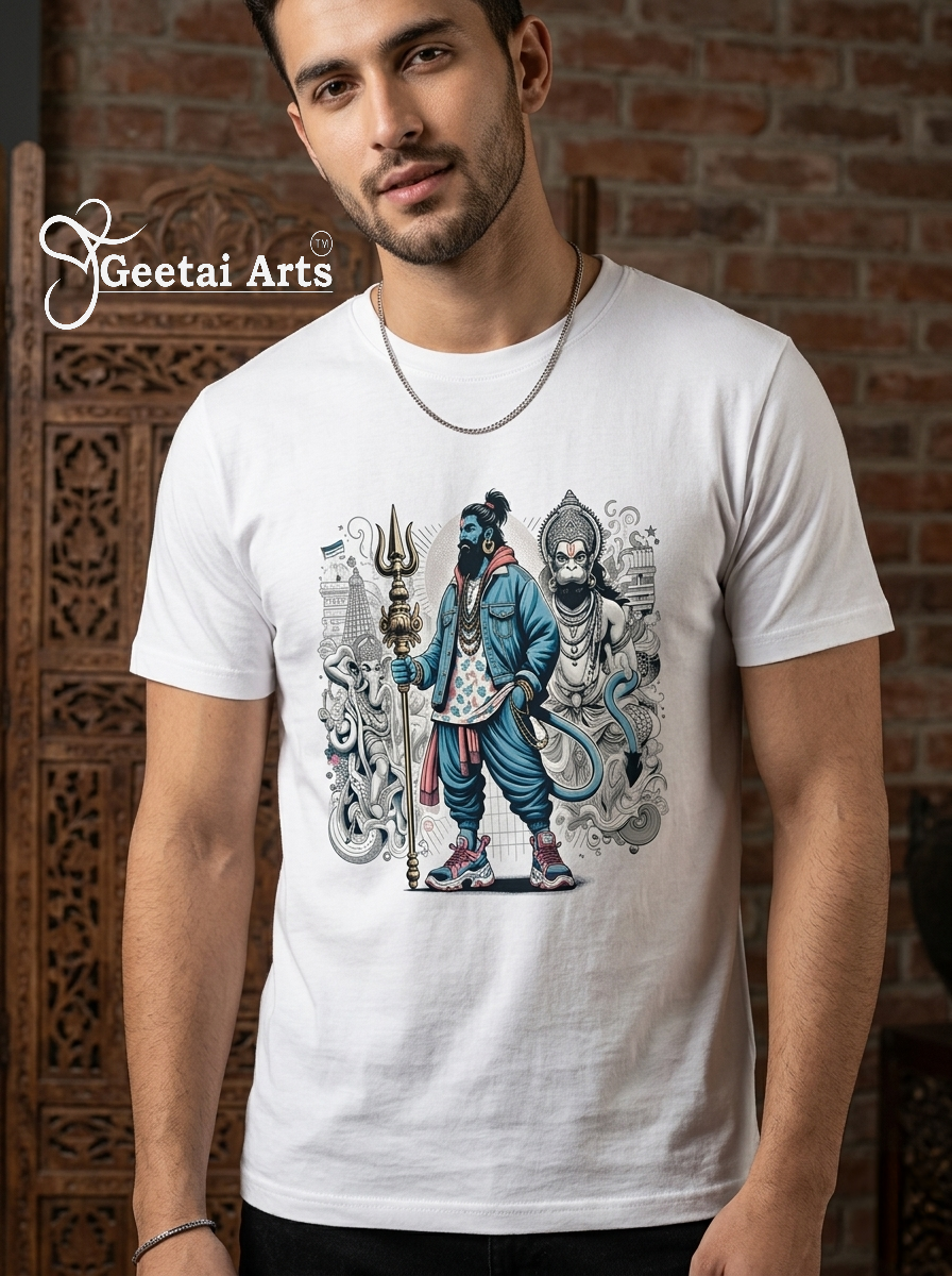 GEETAI ARTS-100% Cotton Regular Fit Graphic T-shirt (Indian Cultural: Hanuman1002)