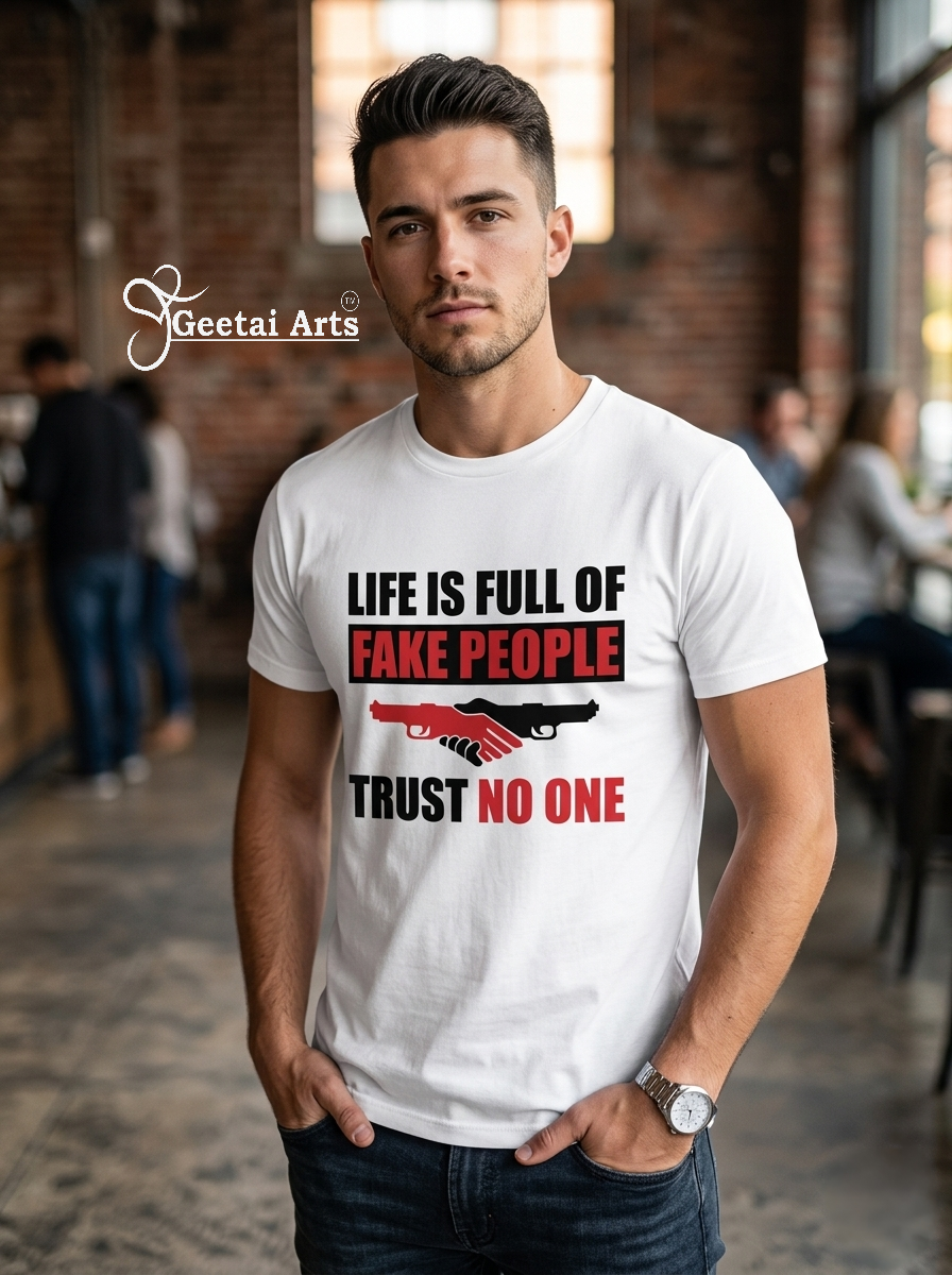 GEETAI ARTS-100% Cotton Regular Fit Graphic T-shirt (Typograph: Fake people)