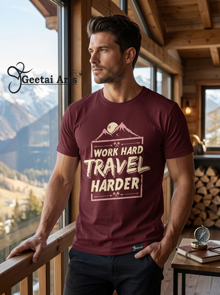 GEETAI ARTS-100% Cotton Regular Fit Graphic T-shirt (Typograph: Travelharder)