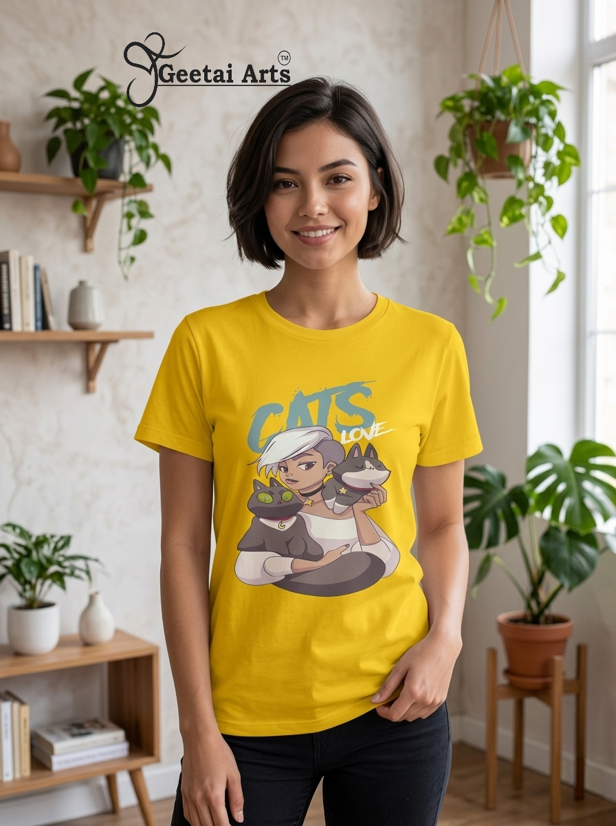 GEETAI ARTS-100% Cotton Regular Fit Graphic T-shirt (Anime: Catsluv)