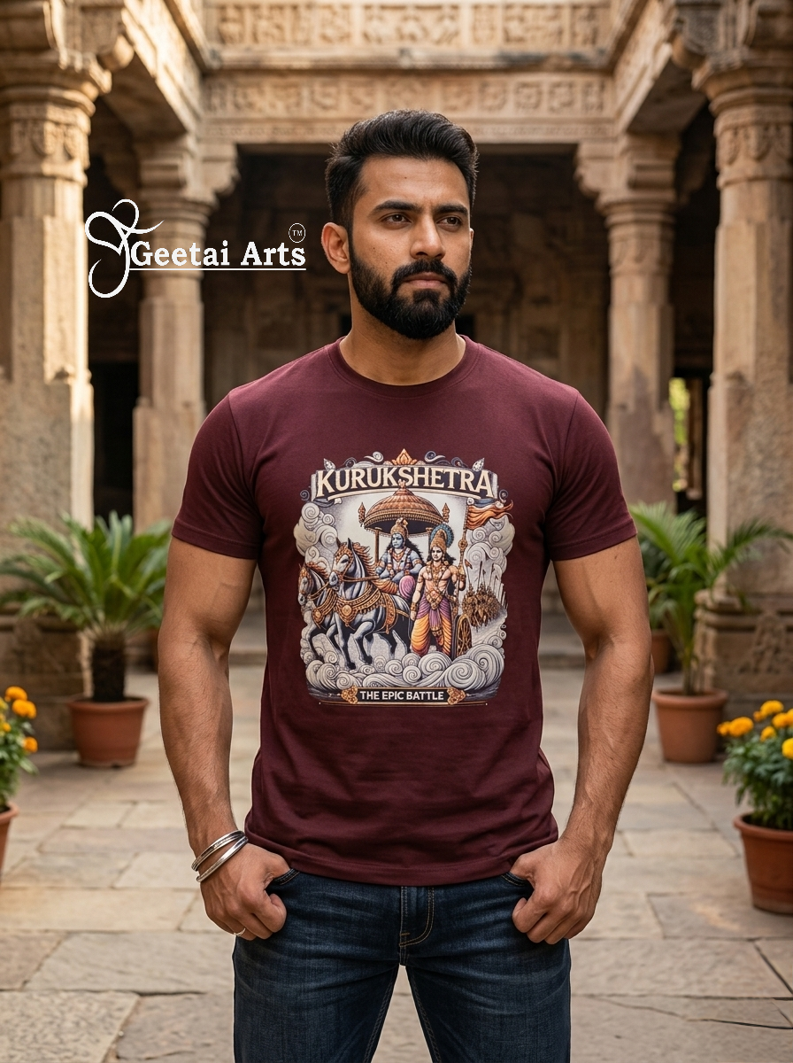 GEETAI ARTS-100% Cotton Regular Fit Graphic T-shirt (Indian Cultural: Kurukshetra1001)